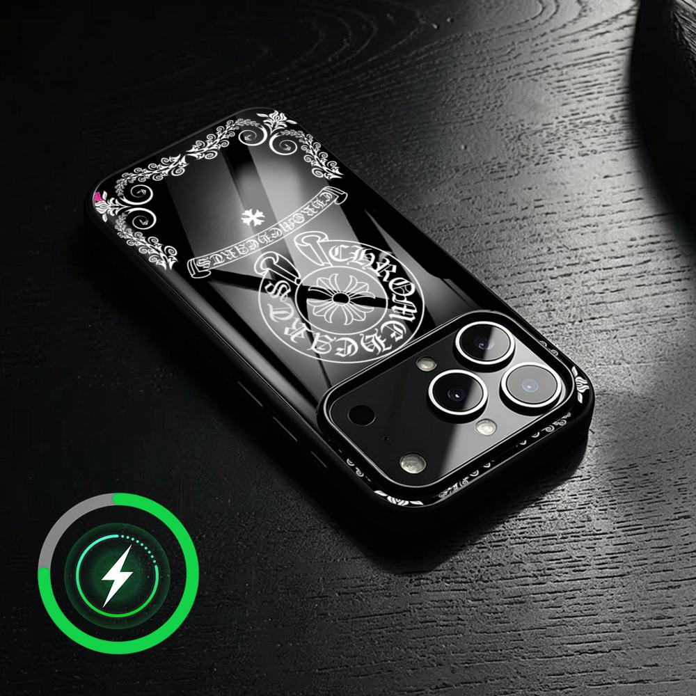 Phone Cases H&M - ファッション性の高いH-Heartsのクールなロゴが入ったC-ChromeのiPhone18、17、16、15、14、13、12 Plus Pro Max用、磁石付きのガラス製スマホケース。