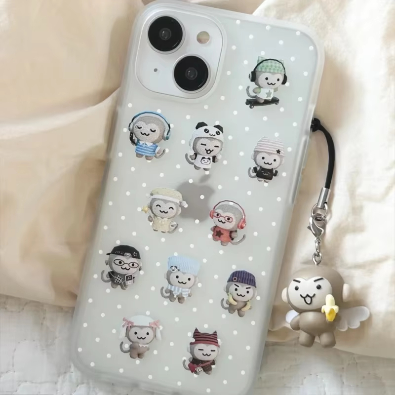 Phone Cases For Iphone 16 - シンプルで可愛いモンキー柄の白い水玉模様のiPhoneケース（iPhone 18ULTRA、17 AIR、16、15、14、13、12、11 PRO MAX、MINI、7、8 PLUS対応）